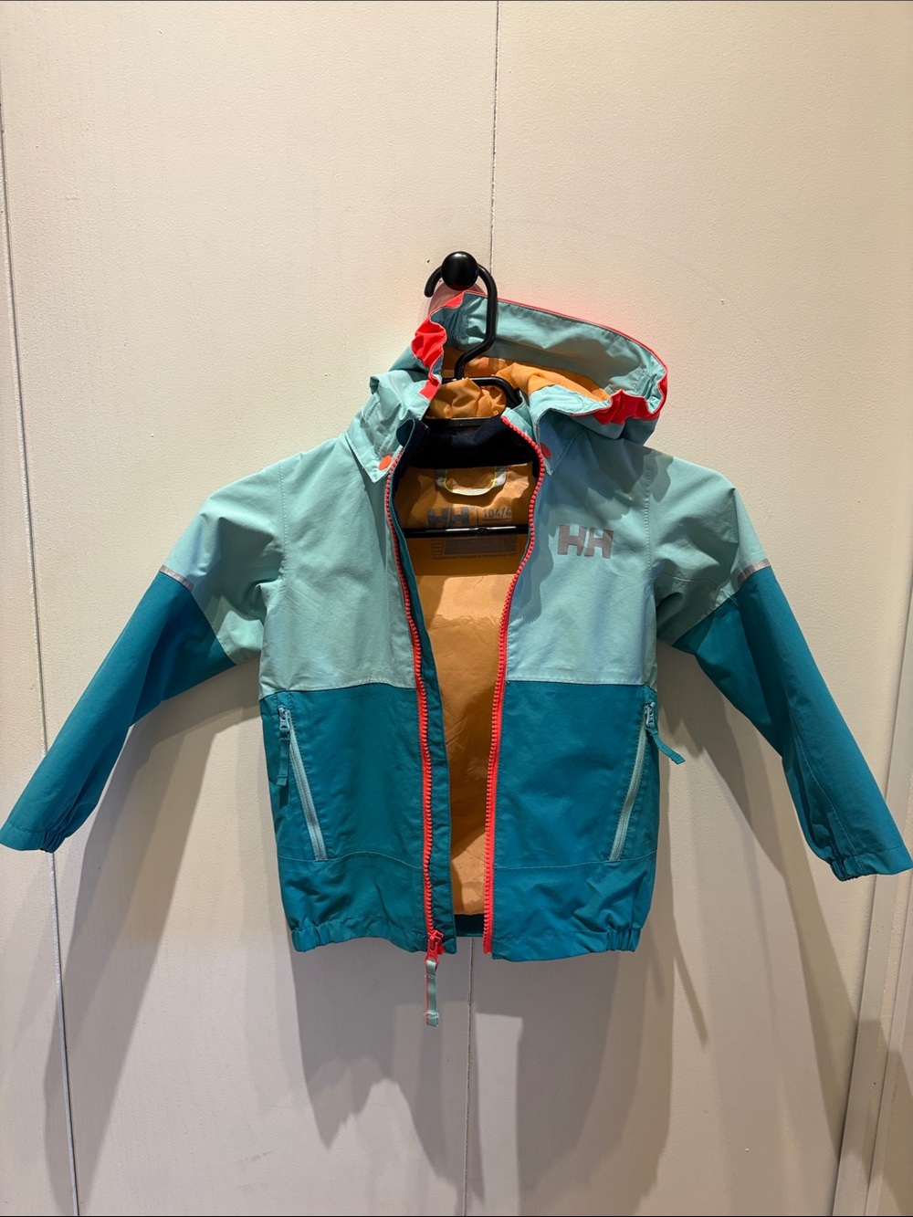 Helly Hansen Kids' Aqua & Teal Hooded Rain Jacket with Coral Trim